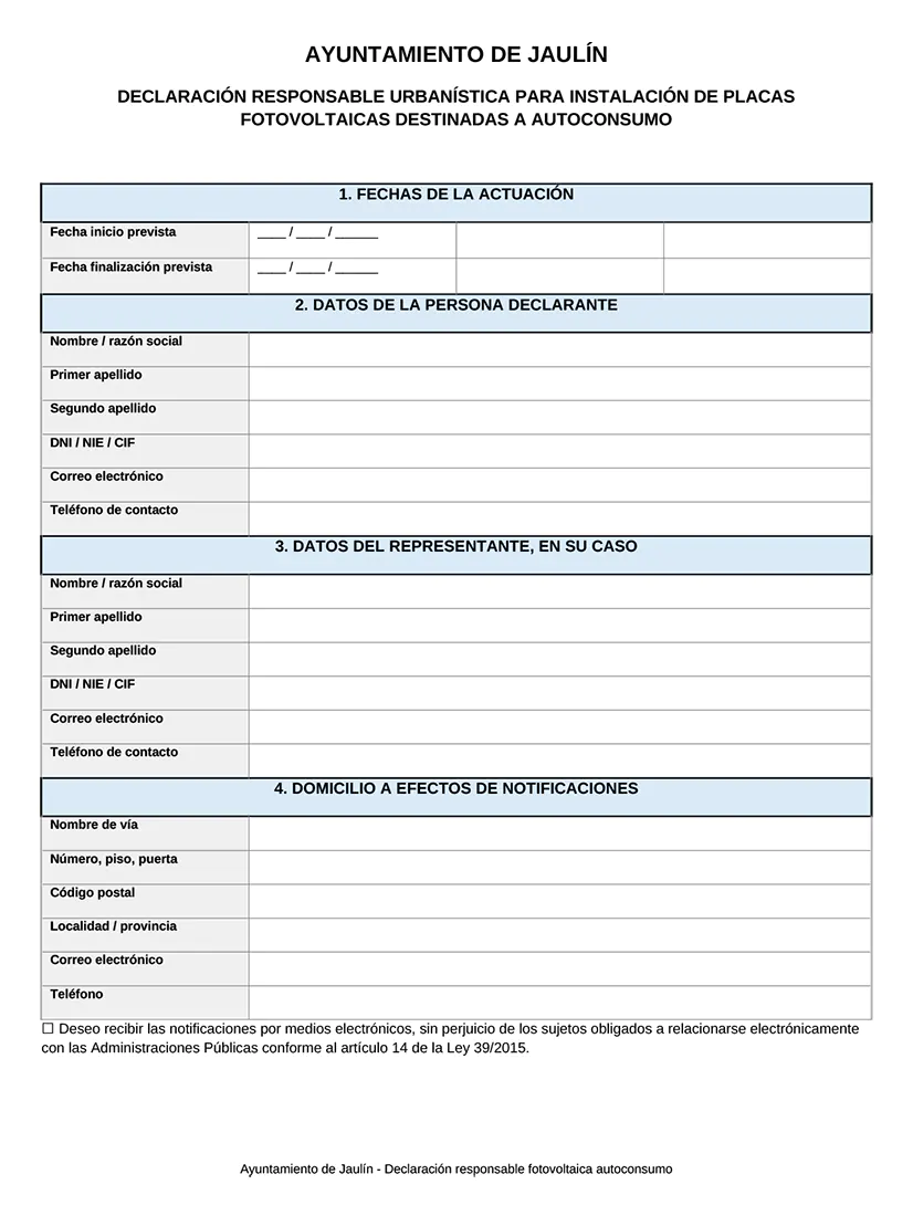 DECLARACIÓN RESPONSABLE URBANÍSTICA PARA INSTALACIÓN DE PLACAS FOTOVOLTAICAS DESTINADAS A AUTOCONSUMO